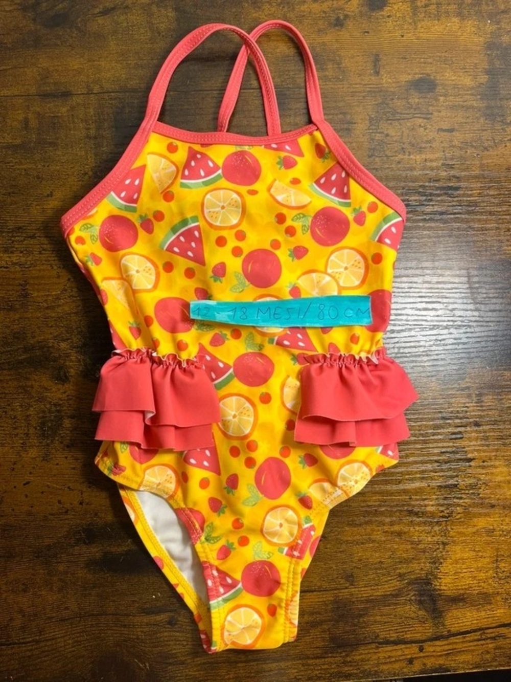 Girls' Yellow Fruit Print One-Piece Swimsuit with Coral Ruffles